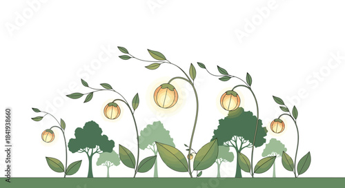 Luminous Forest - Whimsical Trees and Glowing Lantern Plants Illustration.