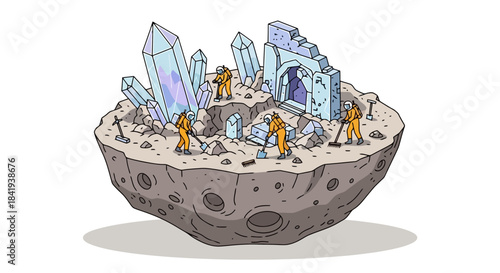 Miners excavating large crystals and ancient ruins on a floating asteroid.