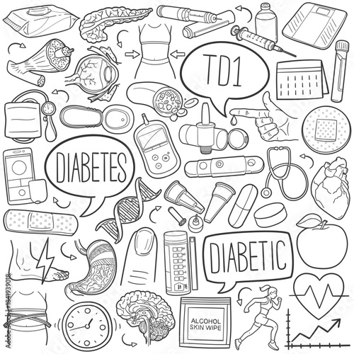 Diabetes Doodle Icons Black and White Line Art Vector. 