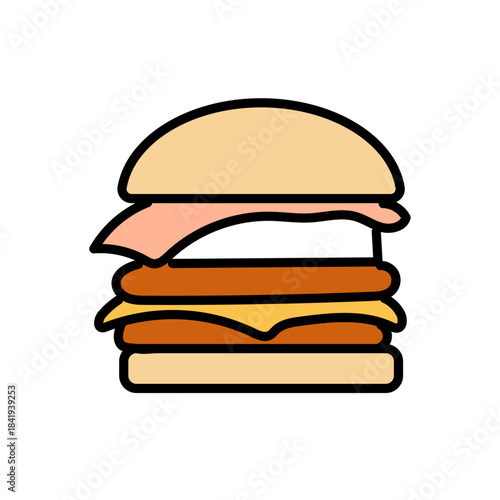 ベーコンとチーズを重ねたボリュームあるハンバーガーをシンプルな線と色使いで描いたイラスト｜ファストフードらしい存在感と食欲をそそる要素をやわらかいタッチで表現した食品デザイン