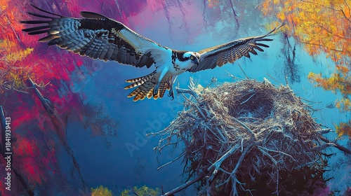 Osprey in flight near its nest, vibrant colors