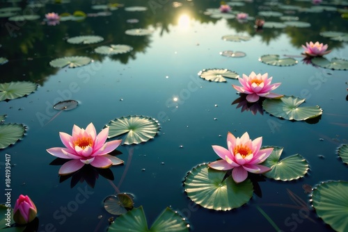 Intricate floral pattern of floating water plants across a serene lake surface, botanical, delicate, white
