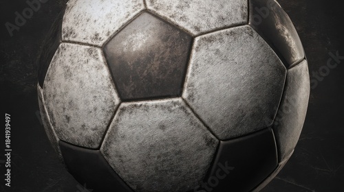An old soccer ball with worn-out surface features black pentagonal and white hexagonal panels,