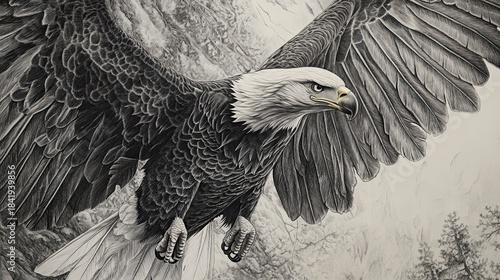 Powerful eagle in flight, detailed grayscale artwork