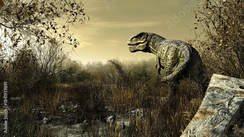 Prehistoric creature in a muted autumnal landscape