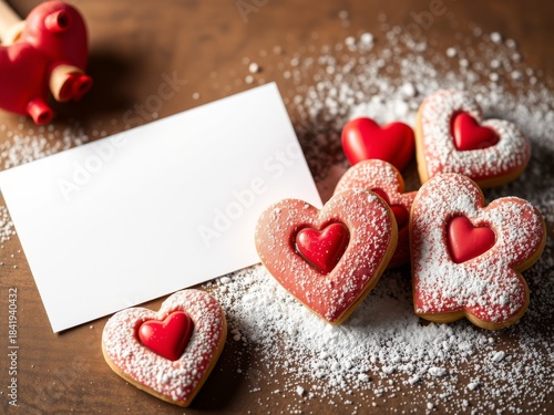 Romantic heart-shaped cookies dusted with powdered sugar and red candy centers next to a blank white card on a warm brown background