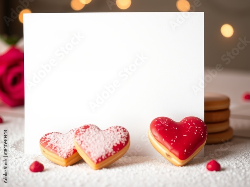 Blank white card with heart-shaped cookies and a blurred rose, ideal for valentine's day messages or sweet love notes.