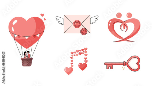 Romantic Valentine's Day Icons Collection with Hearts and Couples Keywords: valentine, love, heart, romance, couple, hot air