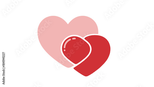 Two overlapping hearts, one pink and one red, with a red balloon shape Keywords: heart, love, romance, symbol, shape