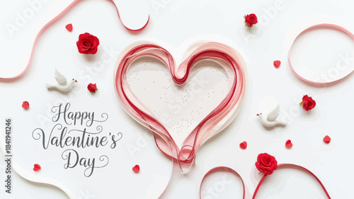 Valentine Heart Made Of Ribbon With Roses And Doves Keywords: valentine, heart, love, romance, ribbon, red, pink, white, roses
