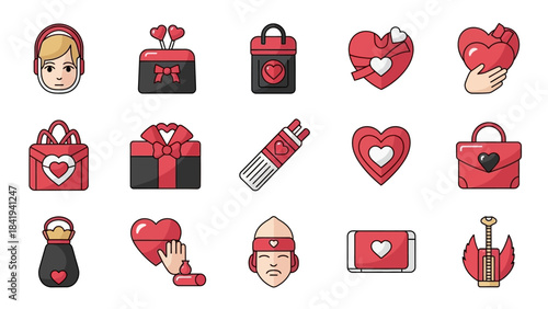 Valentine Icons Collection With Hearts Gifts And People Keywords: valentine, heart, love, romance, gift, present, bag, box