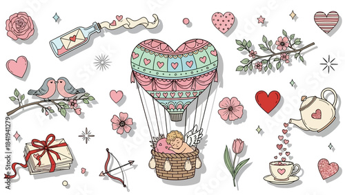 Valentine's Day Elements With Hot Air Balloon Cupid Birds And Flowers Keywords: valentine, love, heart, cupid, hot air balloon