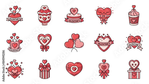 Valentine's Day Heart Icons with Ribbons and Cupcakes Keywords: valentine's day, love, heart, icon, collection, gift, romance