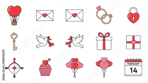 Valentine's Day Icons Collection With Hearts Balloons Gifts And Love Symbols Keywords: valentine, love, heart, romance, cupid