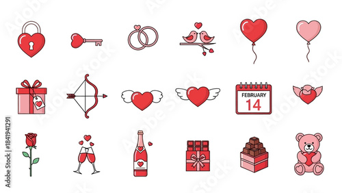Valentine's Day icons collection heart lock key rings love birds balloons gifts symbol