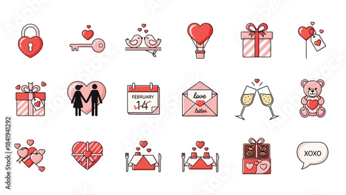 Valentine's Day Icons Collection Heart Lock Key Love Birds Hot Air Balloon Gift Box Keywords: valentine's day, love, heart