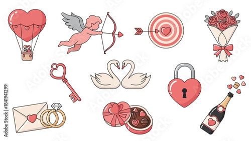Valentine's Day Icons Collection With Hot Air Balloon Cupid And Love Symbols Keywords: valentine, love, heart, cupid, hot air