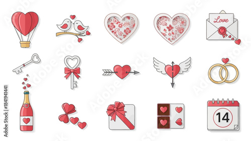 Collection of Valentine's Day icons including a hot air balloon, birds, hearts, rings Keywords: valentine, love, romance
