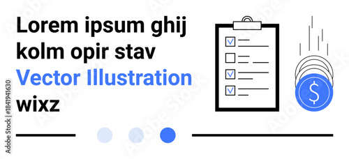 Clipboard with checklist and stacked coins with dollar symbol. Ideal for finance, productivity, task tracking, workflow, budgeting, planning, digital apps, simple landing page