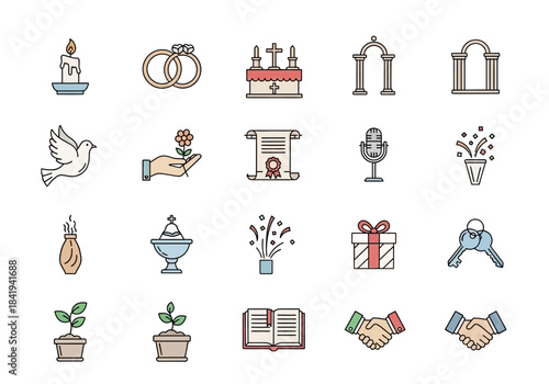 A grid of 20 icons related to weddings religion and celebrations