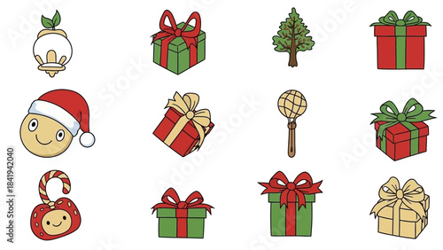 Christmas Icons Gift Boxes Tree Character Candy Cane Rattle Keywords: christmas, gift box, present, christmas tree, character