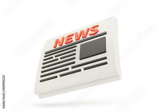 Newspaper 3d illustration. World press, publication with article headlines on pages, design elements on white background, Vector icons