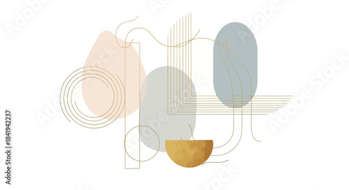 Abstract composition with organic shapes and golden accents.