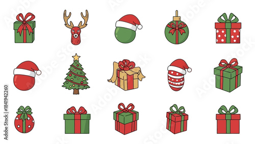 Group of Christmas Gift Icons in Red and Green with Festive Bows Keywords: christmas, holiday, festive, icon, symbol