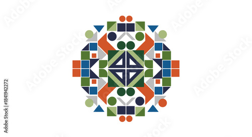 Abstract Geometric Mandala Pattern with Vibrant Colors and Symmetrical Design.
