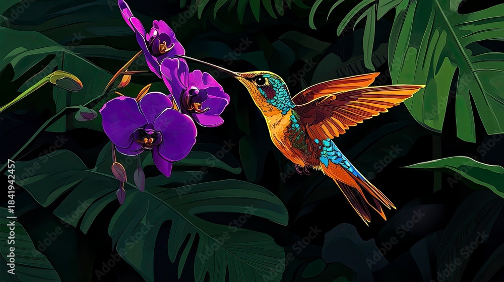 Obraz premium Vibrant hummingbird in a lush tropical garden