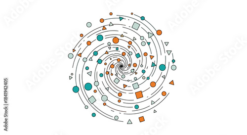 Abstract spiral design with geometric shapes and lines.