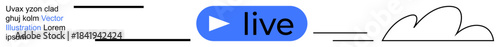 Online streaming, cloud storage, digital broadcasting, web technology, media platforms, virtual services. Blue play button with the text live and a cloud outline. Online streaming and cloud storage