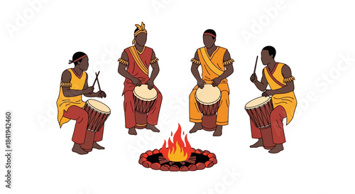 African drummers playing around a campfire at night.