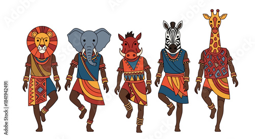 African Tribal Dancers with Animal Masks Performing Traditional Rituals.