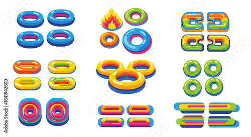 Collection of Colorful Inflatable Swimming Rings and Floats.