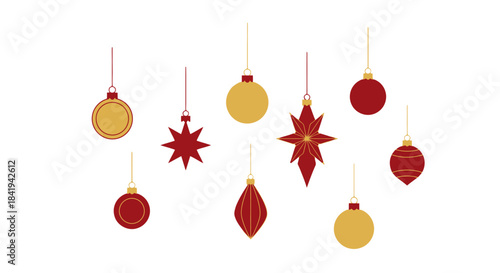 Collection of festive red and gold Christmas ornaments for holiday decoration.