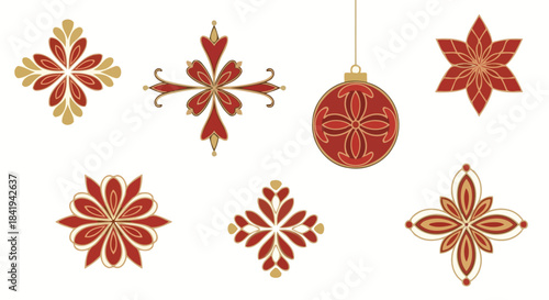 Collection of Red and Gold Christmas Ornaments and Decorative Elements.