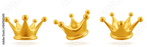 3D Gold Crown Icon Isolated on White. Render Golden Crown Symbol. Rating or Status Signs. Realistic Vector Illustration