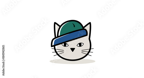 Cute Cartoon Cat Head Wearing a Stylish Green and Blue Hat.