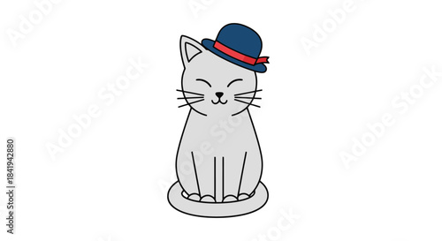 Cute Cartoon Cat Wearing a Stylish Blue Hat with Red Ribbon.