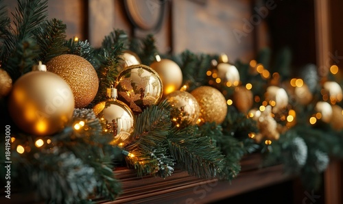 Wallpaper Mural Holiday garland decorating a wooden surface, featuring shiny golden baubles, glittery accents, and warm twinkling bokeh lights Torontodigital.ca