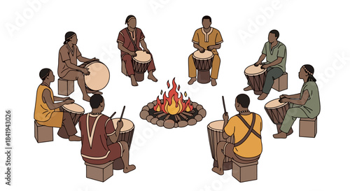 Diverse group of people playing drums around a campfire.