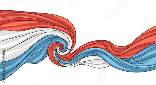 Dynamic flowing fabric in red white and blue creating a swirling abstract design.