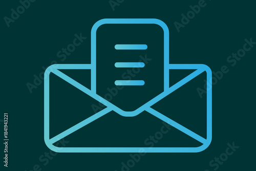 The image features a blue gradient outline icon of an envelope with a document inside it. The document contains three horizontal lines indicating text.