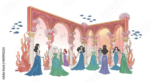 Elegant women in flowing gowns gather in an underwater palace.