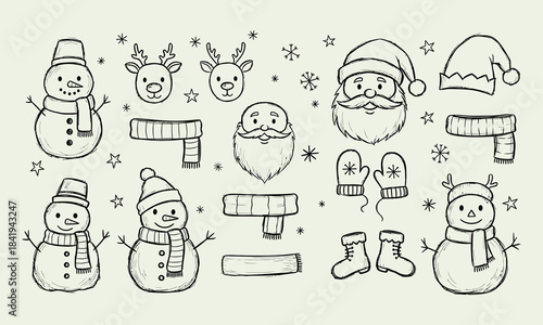 Hand drawn winter holiday characters and festive accessories set