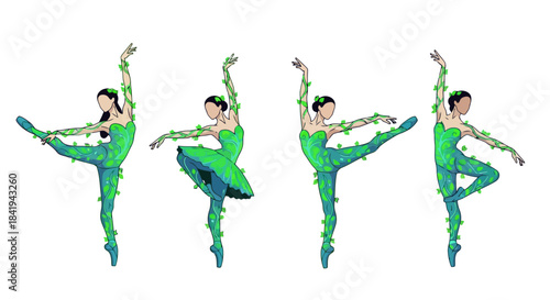Four graceful ballerinas in green costumes performing elegant ballet poses.