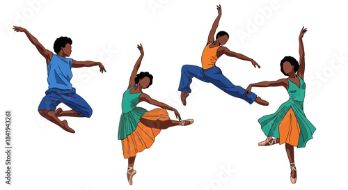Four graceful dancers in various ballet poses showcasing movement and artistry.
