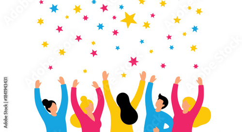 Group of diverse people celebrating success with colorful confetti falling from above.