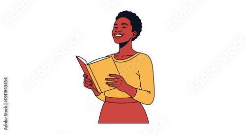 Happy African American Woman Reading Book with Joyful Expression.